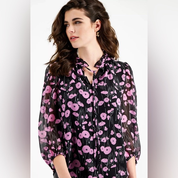 BAR III Orchid Floral Chiffon 3/4 Sleeve Tie Neck Top SZ‎ M - Picture 1 of 9